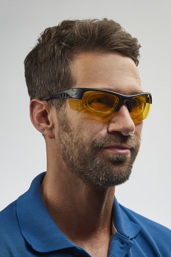 Gafas protectoras para pantalla con patillas, ahumado en amarillo, montura con sistema de clip para cristales graduados