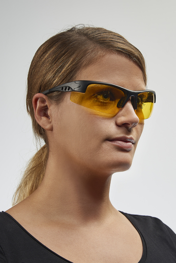 Bildschirmschutzbrille mit Bügeln, gelb getönt, Clip-on-Rahmen für Korrekturgläser